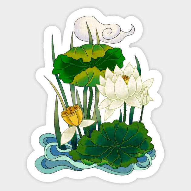 Minhwa: Cloud on the Lotus White (Korean traditional/folk art) Sticker by koreanfolkpaint